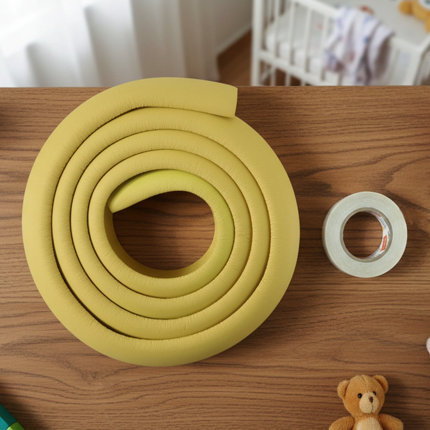 Corner protector applied to different furniture types like tables and beds.
