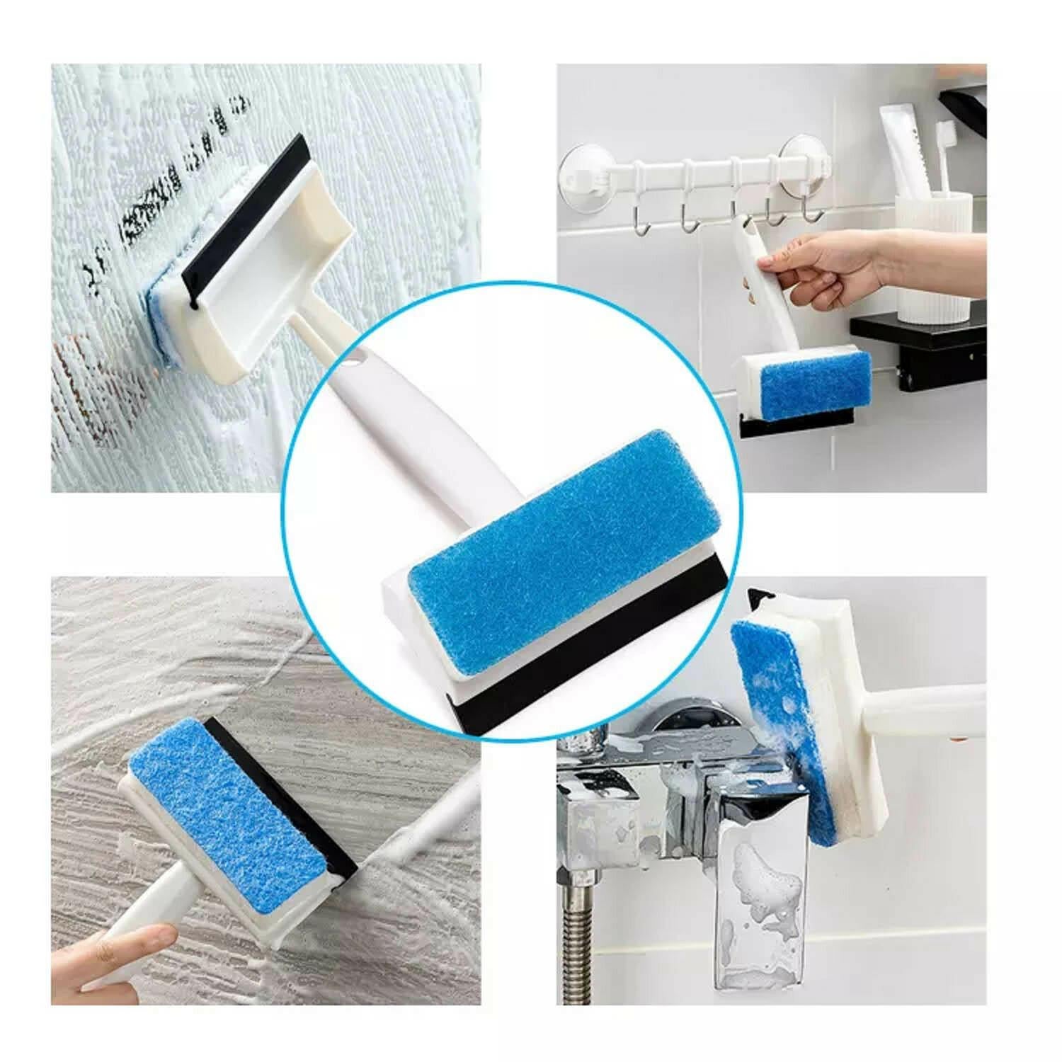 Compact and handy glass wiper shown cleaning a kitchen backsplash.
