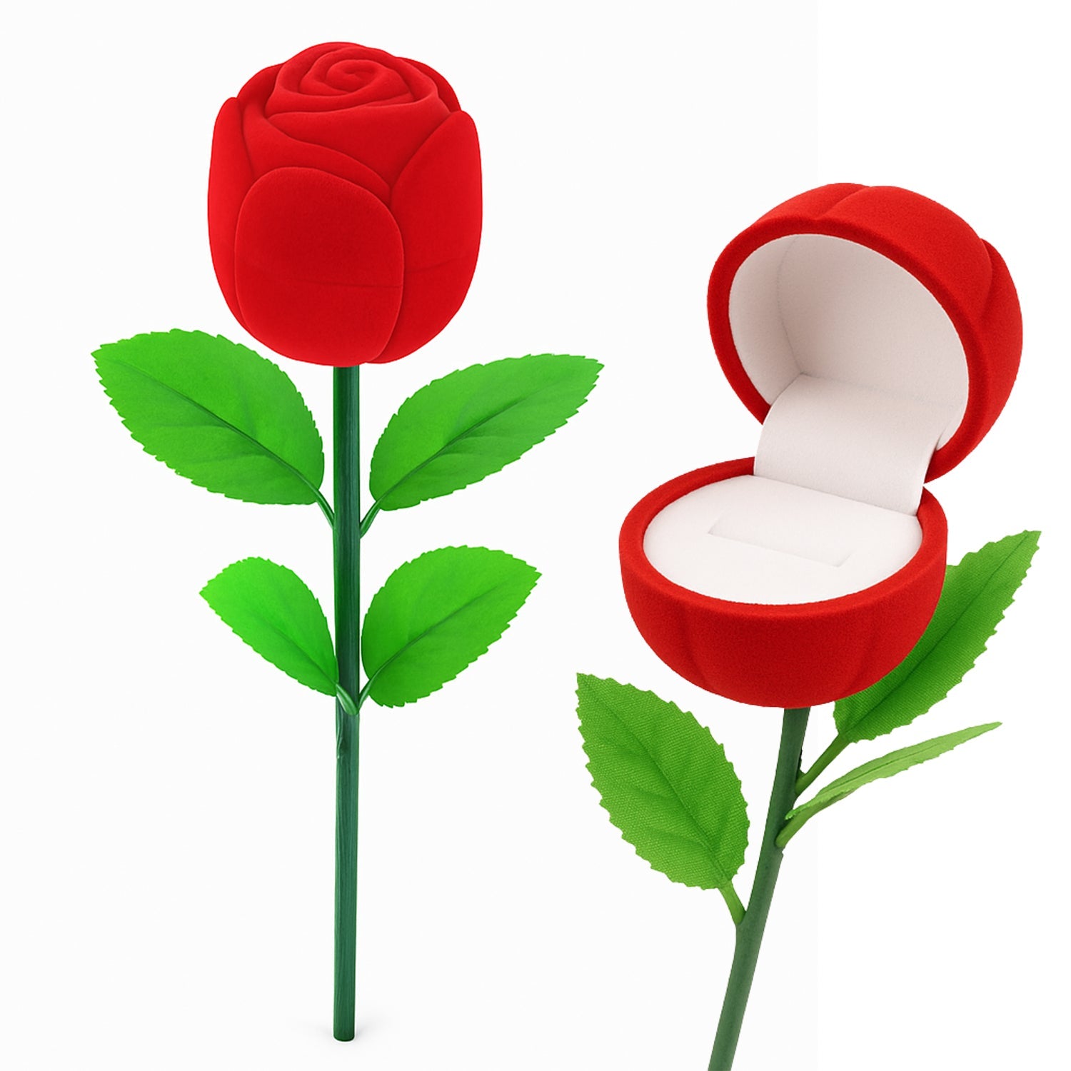 Red rose shaped jewelry ring box with flip-open closure