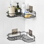 A bathroom storage rack neatly holding toiletries in the shower corner.