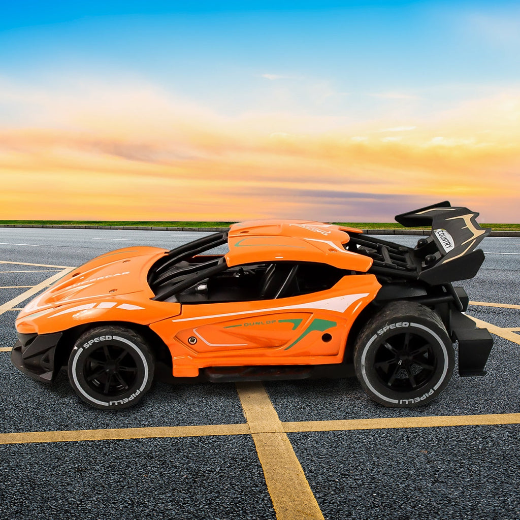 Remote control metal RC supercar side view, rugged tires visible