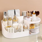 White vanity organizer showing compartments and rotating tray design