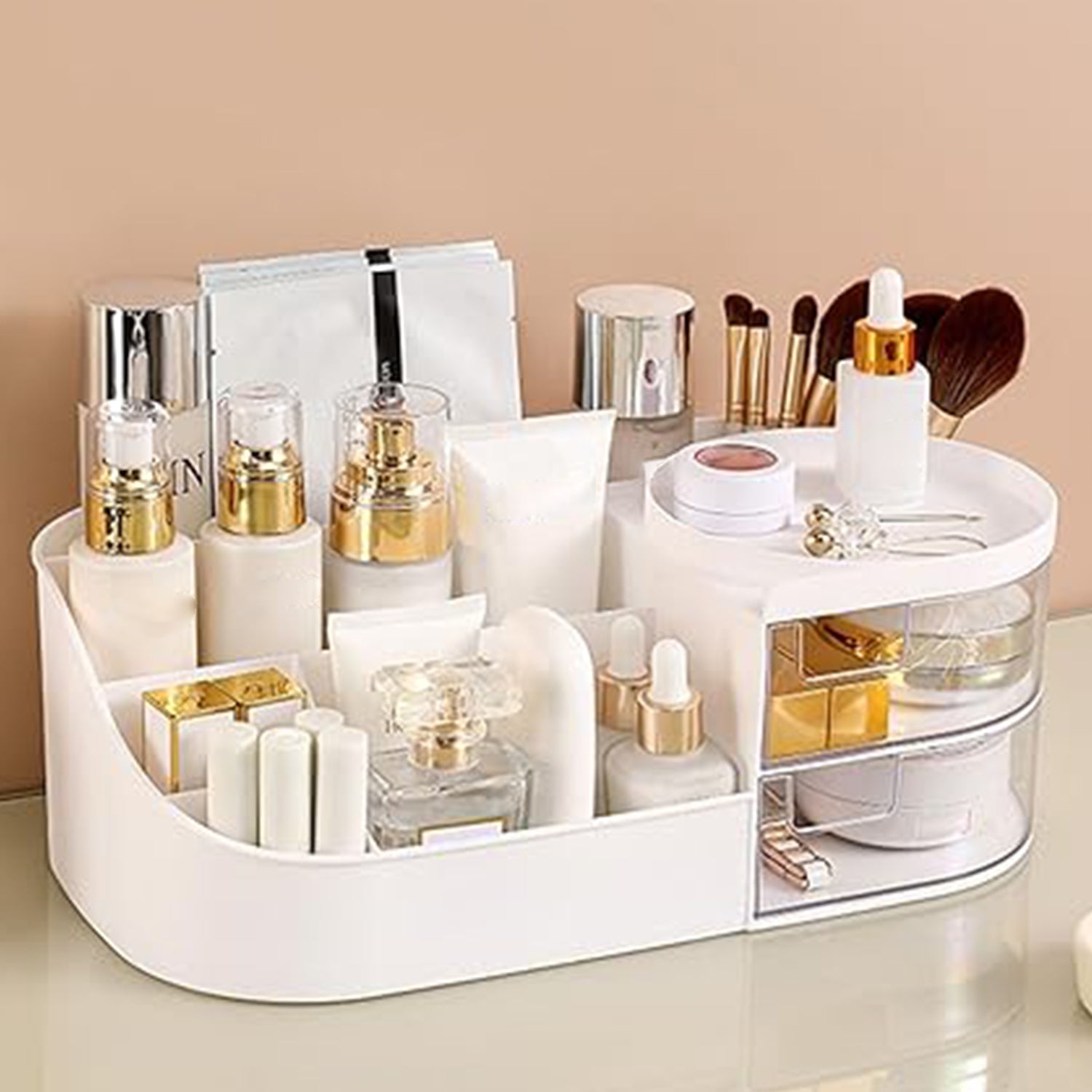 White vanity organizer showing compartments and rotating tray design