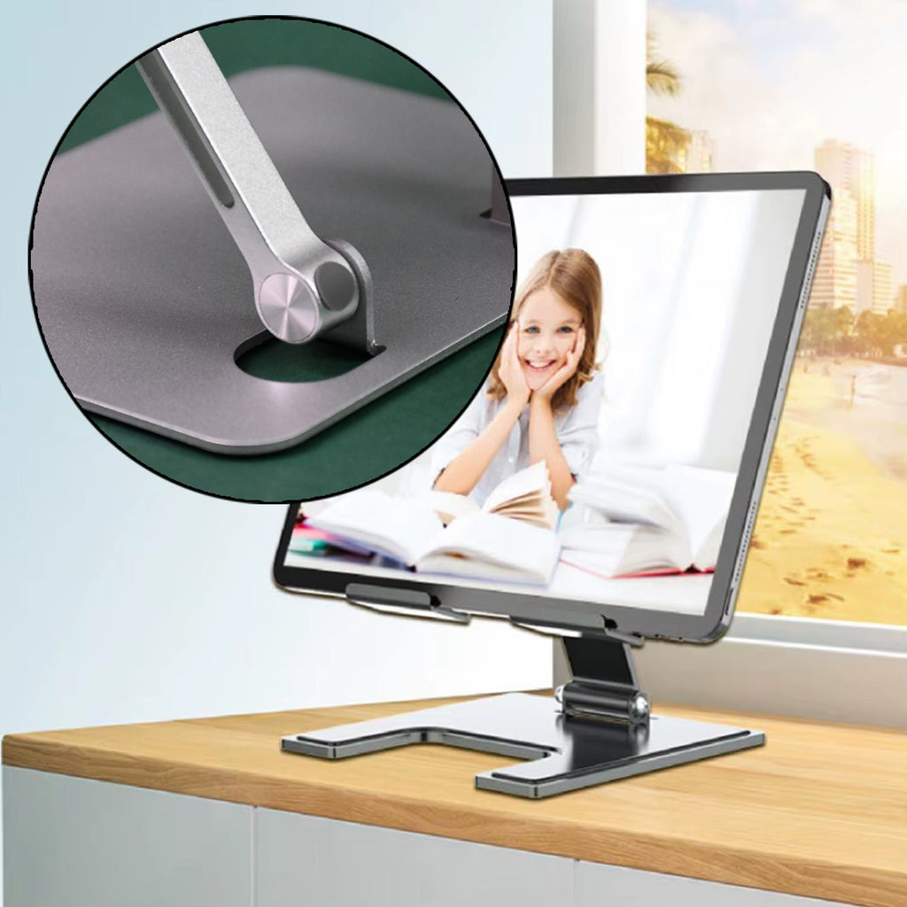 An adjustable tablet stand in use, showcasing its versatile height and angle.