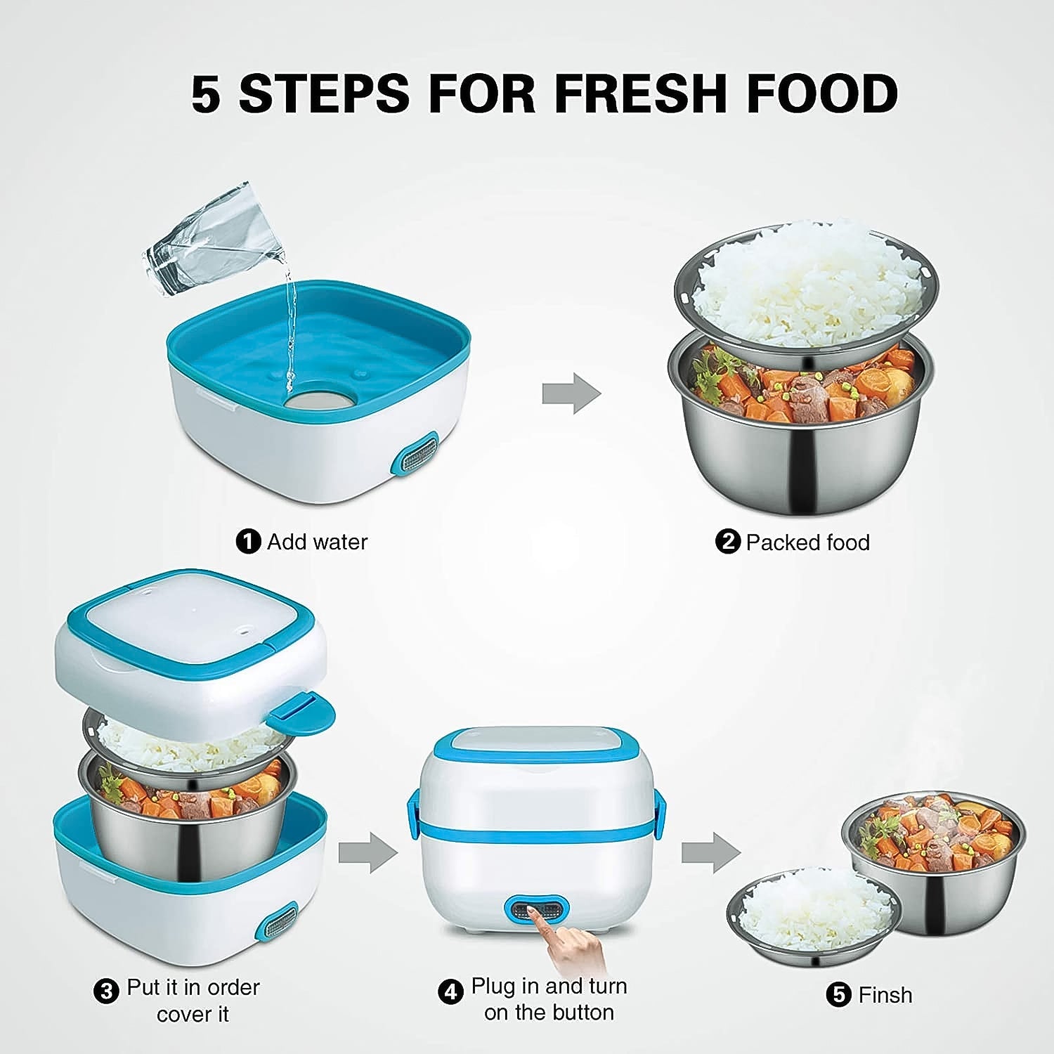 Interior view of the Electric Lunch Box with removable stainless steel bowls for different dishes.