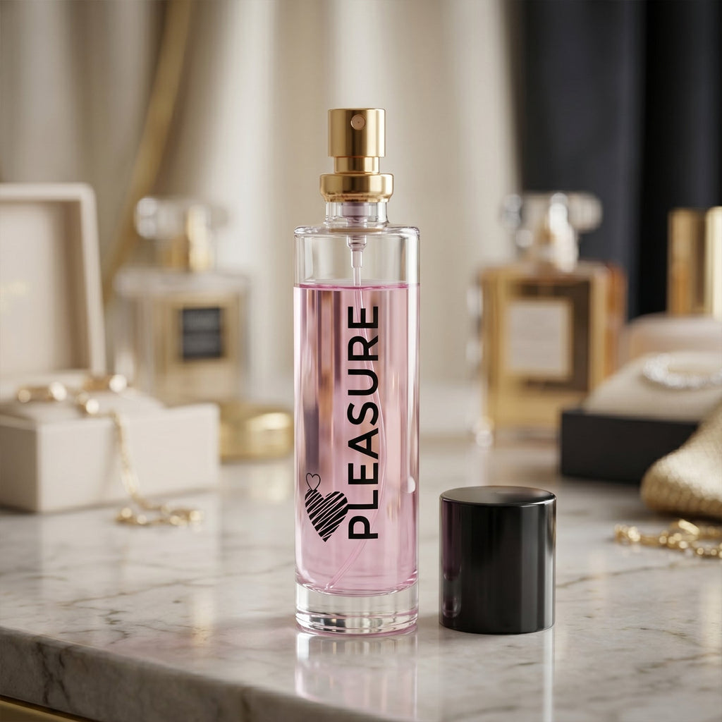 Side view of Pleasure floral perfume bottle