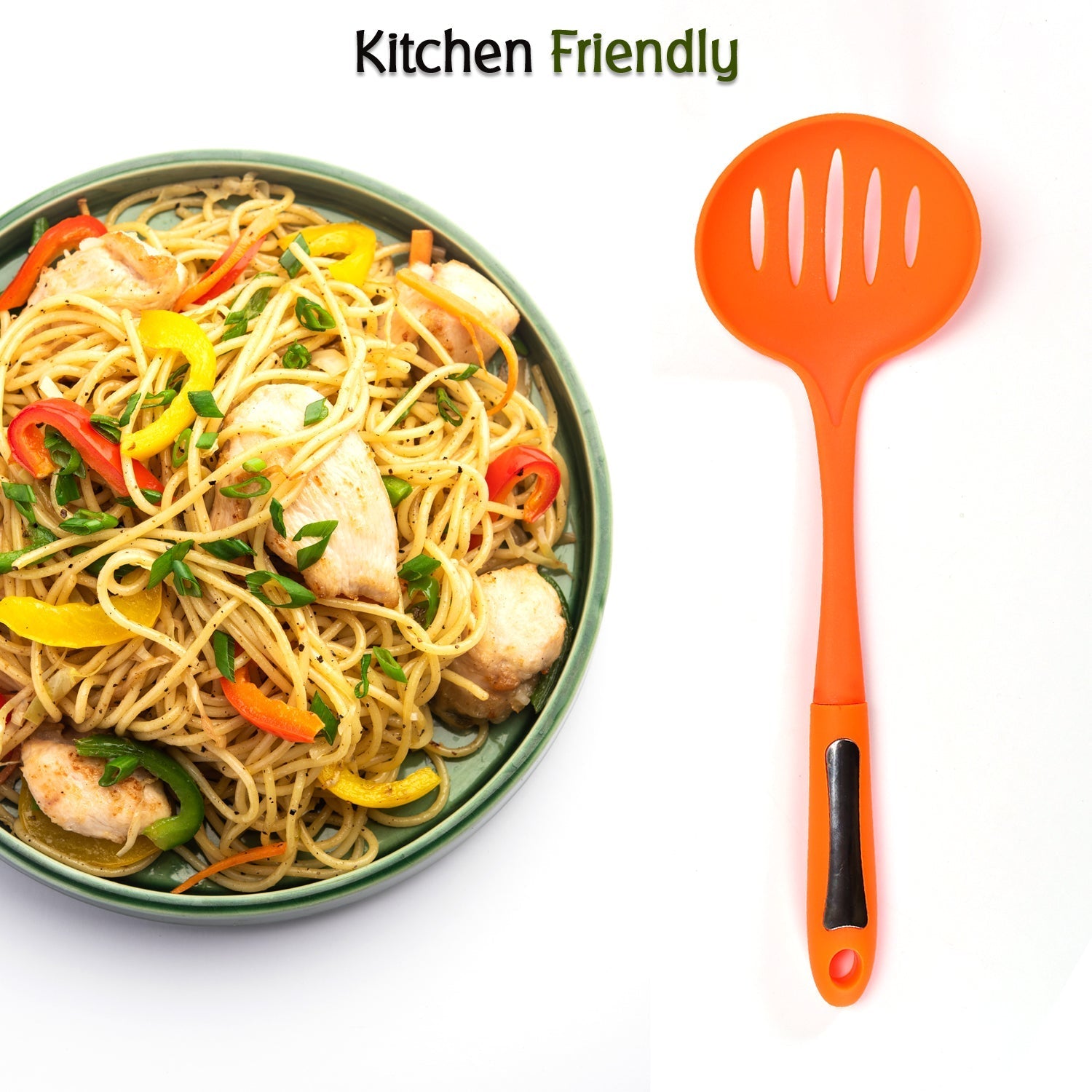 Close-up of the durable nylon cooking shovel showing its colander functionality.