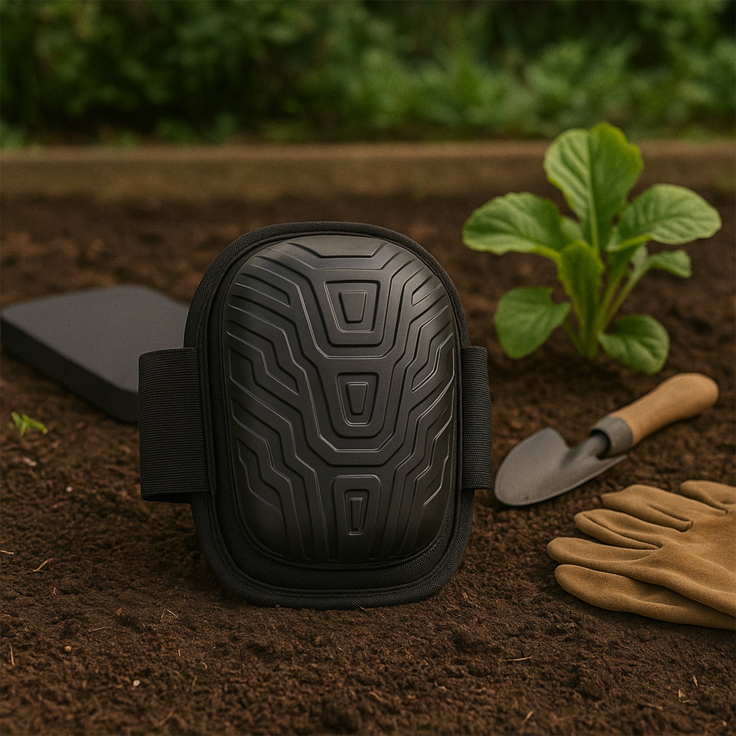 Heavy-duty knee pad with thick foam padding and secure adjustable straps