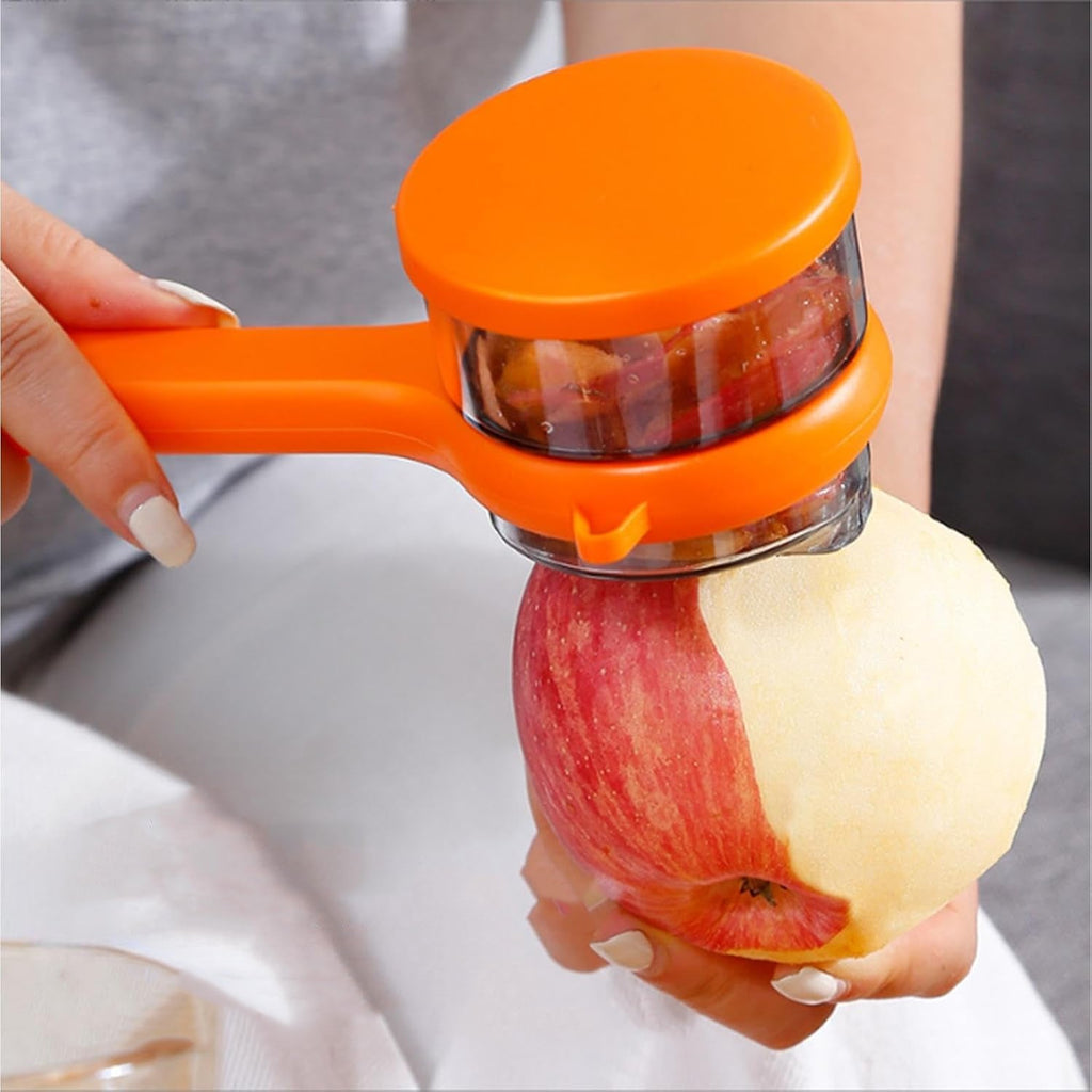 Top view of stainless steel peeler with container showing sharp blade