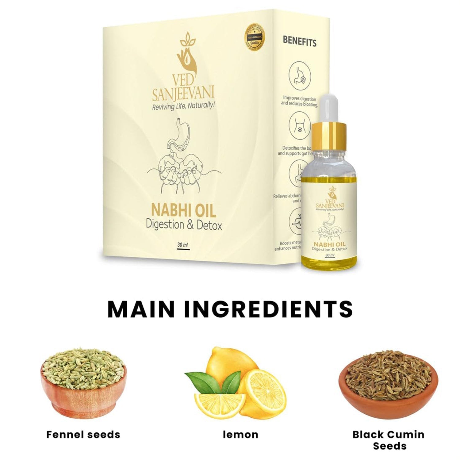 Ved Sanjeevani Digestion Nabhi Oil bottle with herbal ingredients background