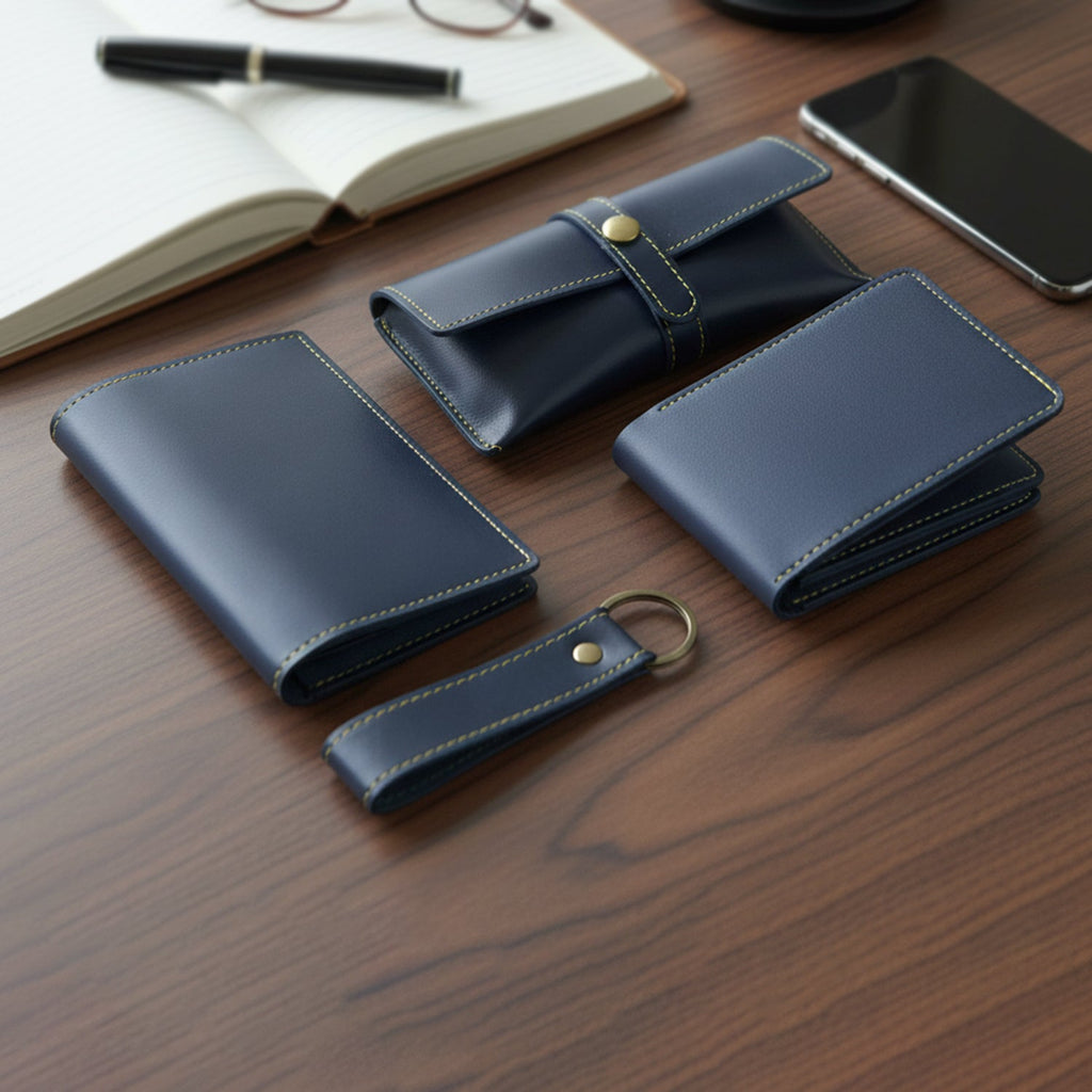 Men's accessories gift set with wallet, keychain, and pouch