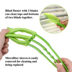 An efficient microfiber duster brush cleaning a set of horizontal window blinds in a home.