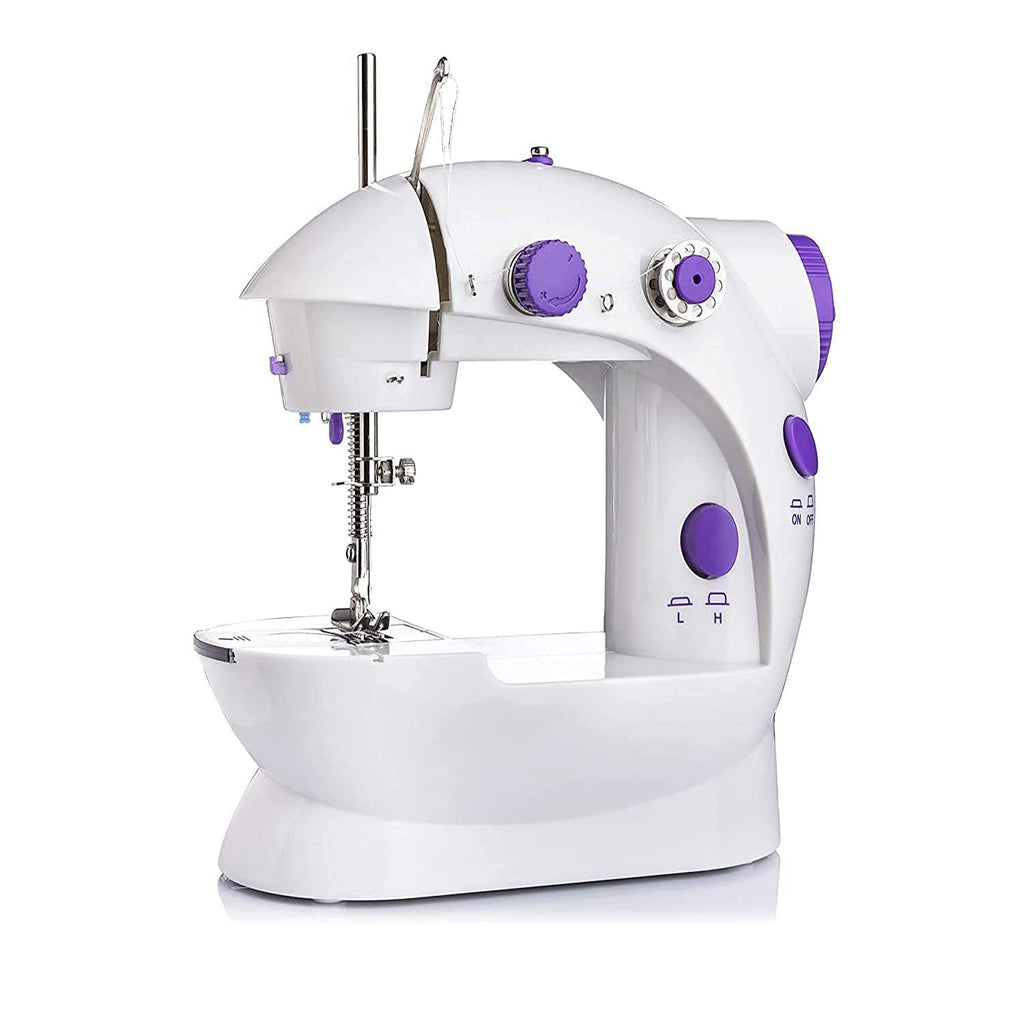 Compact Mini Sewing Machine with its extension table, showing its small size.