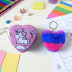 Heart shaped keyring combo featuring plush keychain and storage box