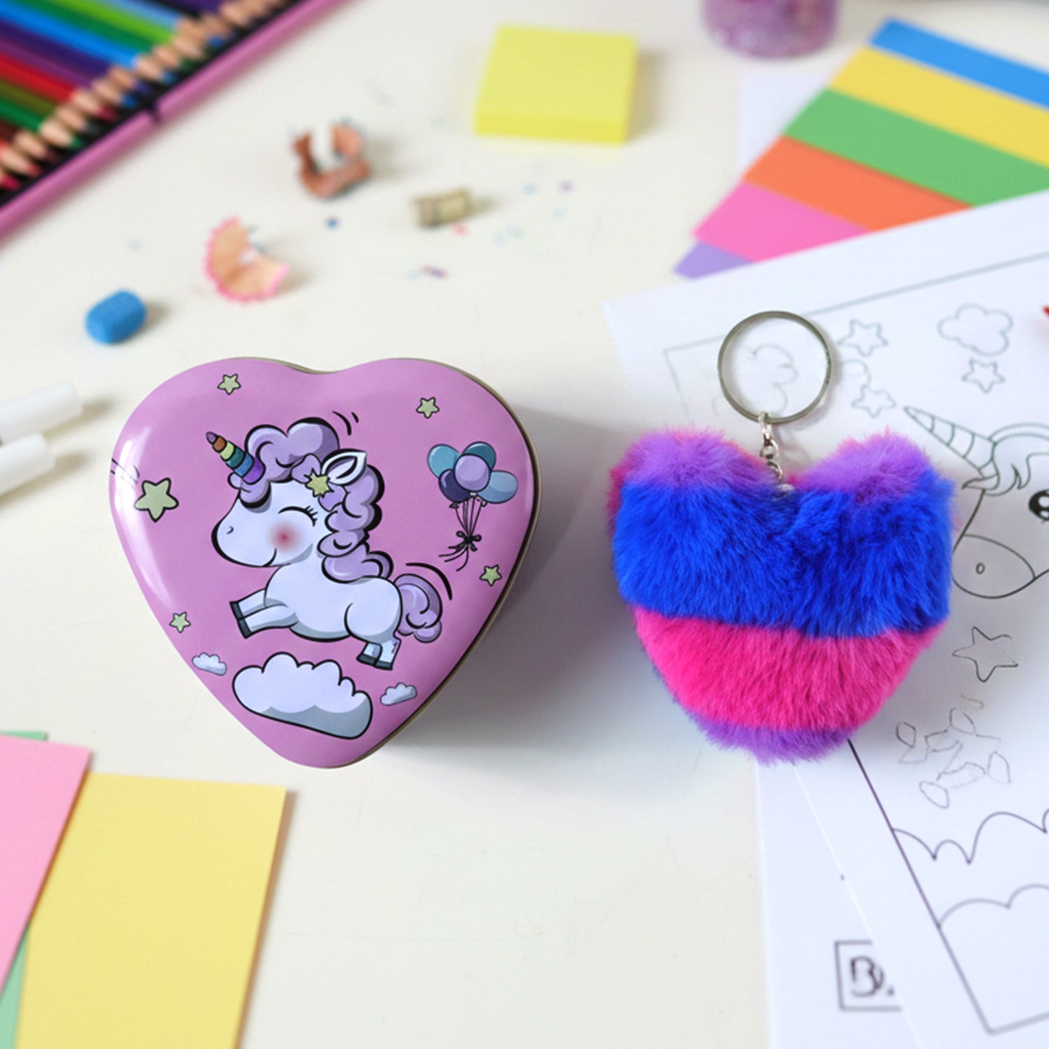 Heart shaped keyring combo featuring plush keychain and storage box