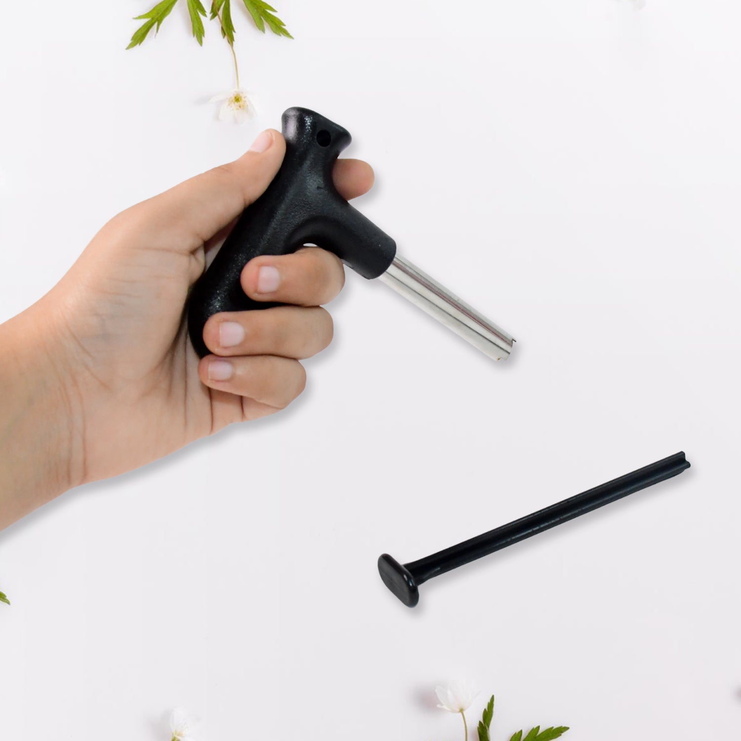 Kitchen coconut opener tool with ergonomic plastic handle and steel tube