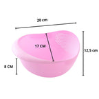 Side view of a durable plastic colander for washing and draining food.