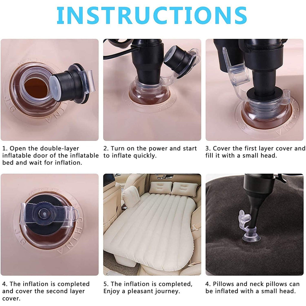 Comfortable inflatable car bed with two pillows, perfect for back seat relaxation.