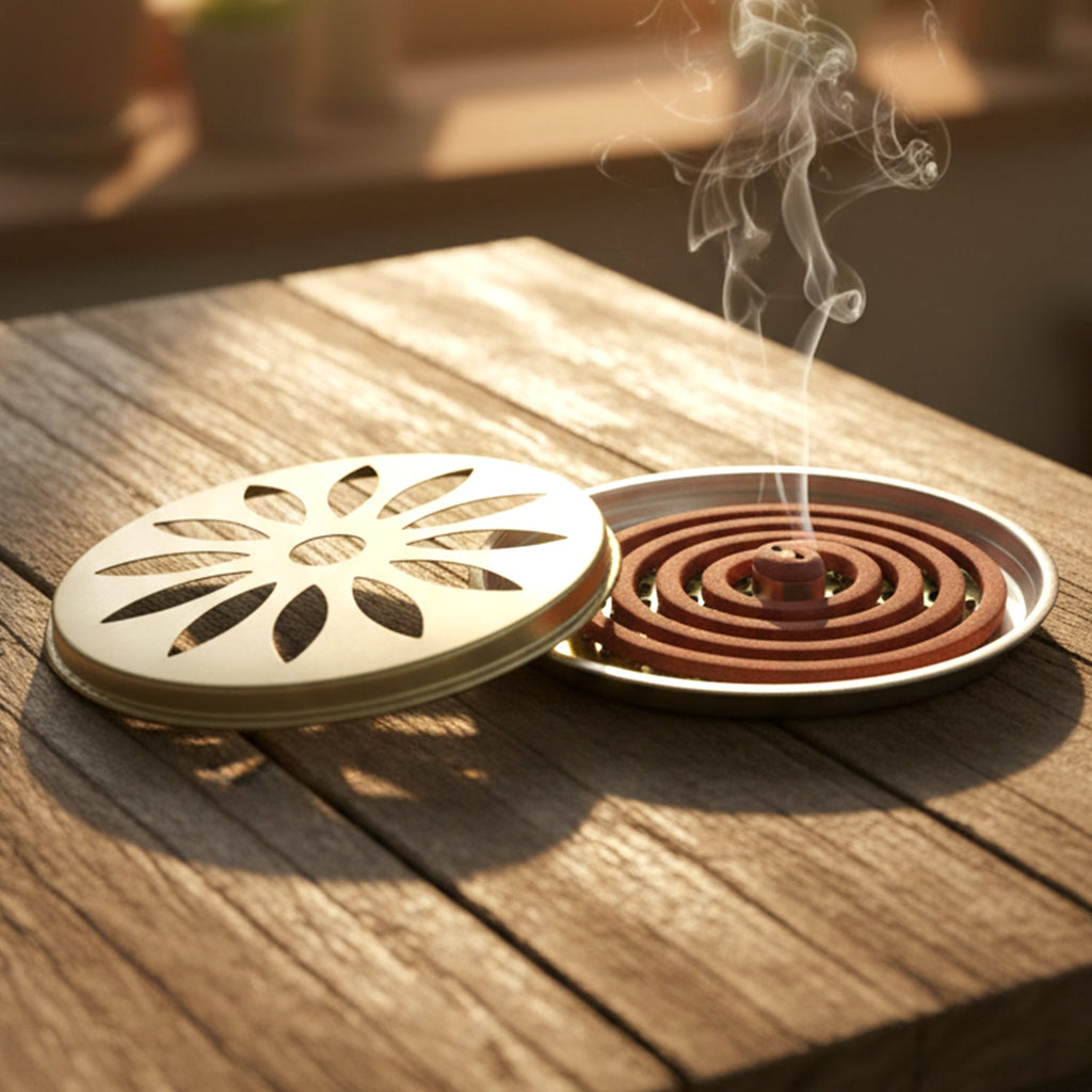 Mosquito coil holder displaying enclosed design to contain ash and residue