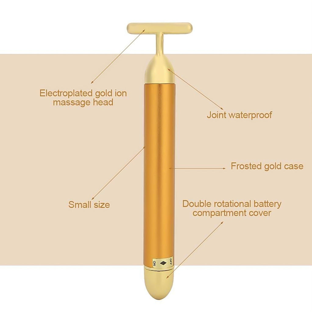 Portable gold vibrating face massager for on-the-go beauty.