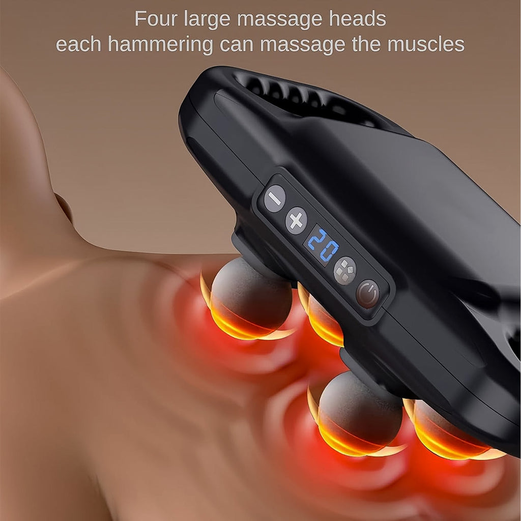 Person holding the compact massage gun to demonstrate its travel-friendly size.