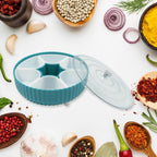 Revolving snack organizer showing 7 distinct compartments for easy access.