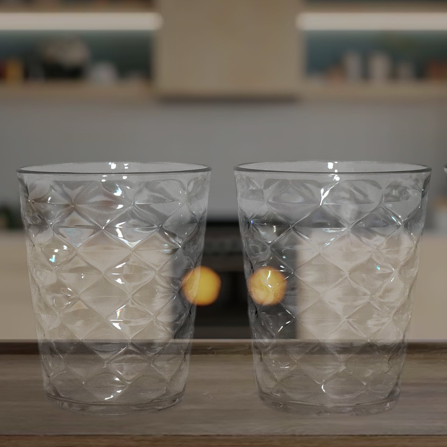 Side view of pyramid plastic glass showcasing wide stable base