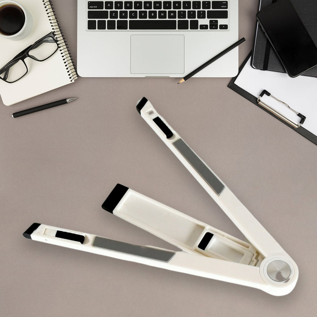 Angled perspective of the sturdy foldable tablet stand.