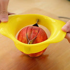 ChefAura mango cutter with a bright yellow mango, showcasing its ease of use.