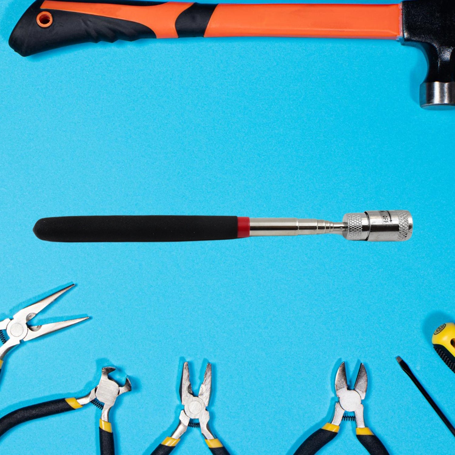 Magnetic pick up tool demonstrating its flexible neck and strong magnet.