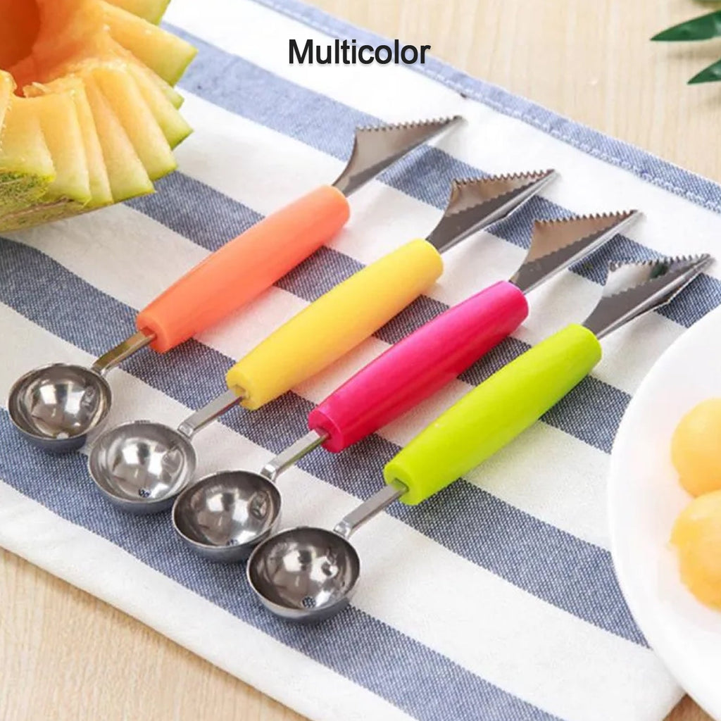 Overview of a versatile fruit carving tool kit including various blades and scoopers.