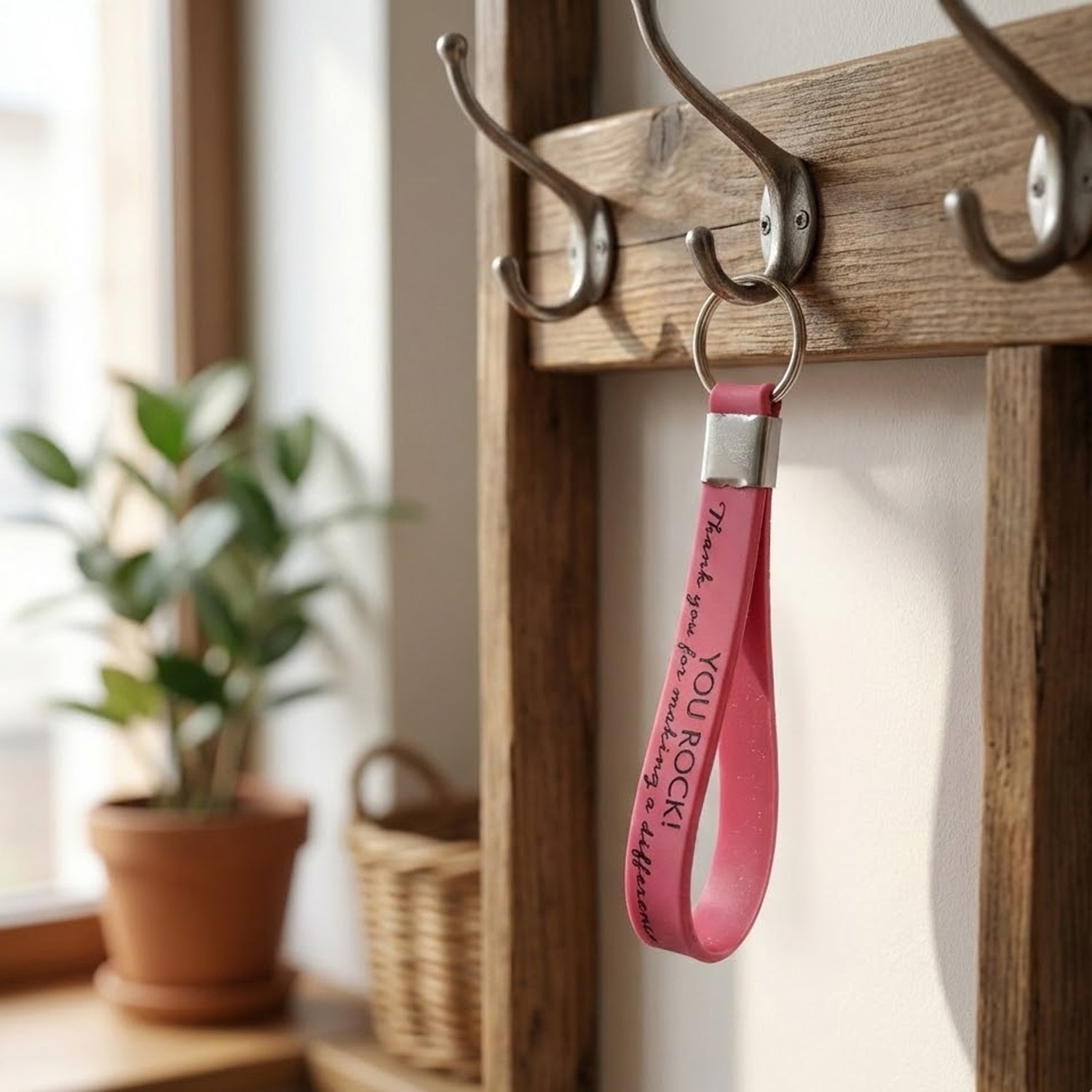 Metal ring detail of motivational silicone wrist strap keychain