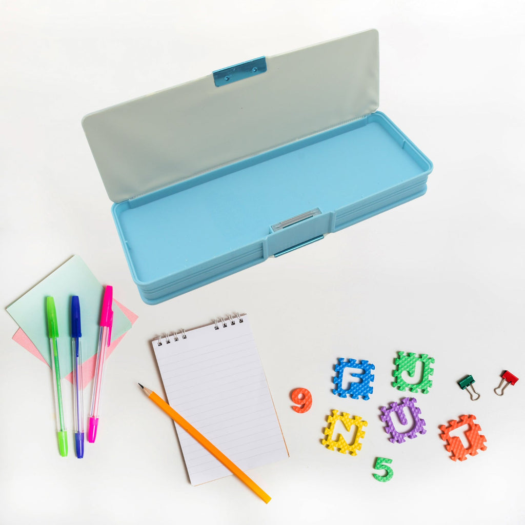 Brightly coloured magnetic pencil box with a calculator, suitable for all students.