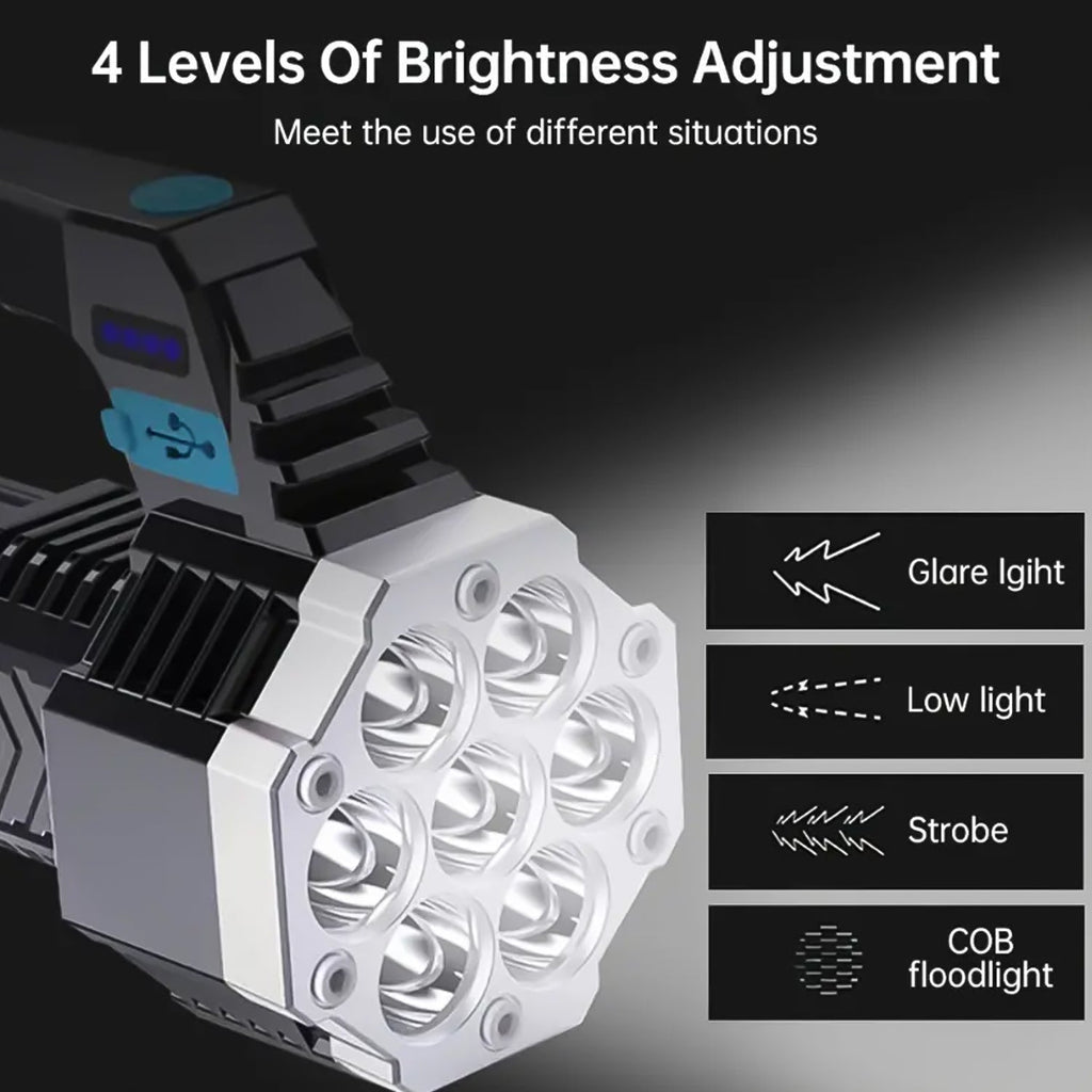 Multi-mode rechargeable LED flashlight illuminating a dark outdoor scene.