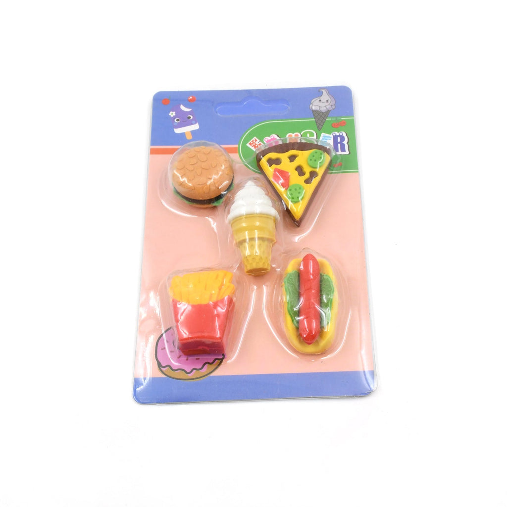 A diverse group of fun 3D erasers showcasing various food designs.
