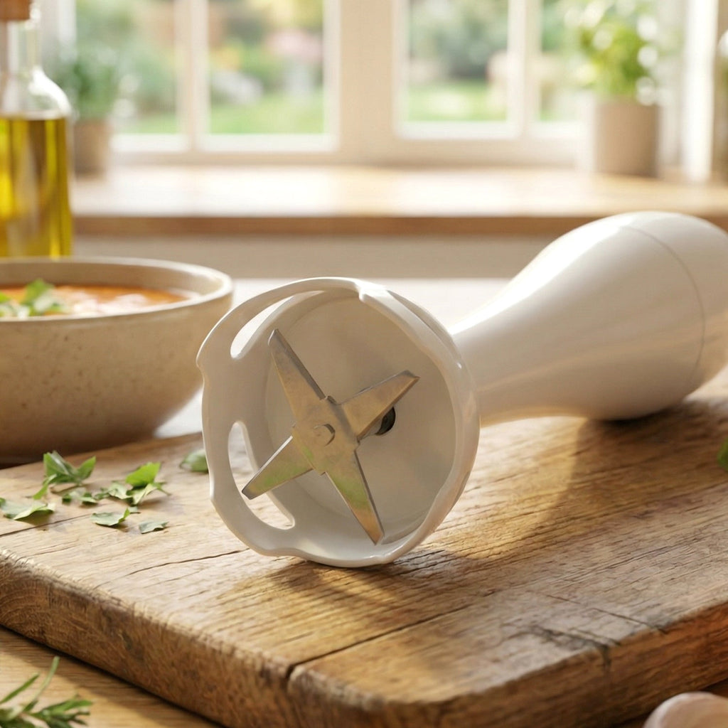 Close up of stainless steel blades on electric hand blender stick