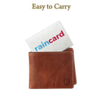 Backpack with waterproof raincoat card attached for easy access during travel