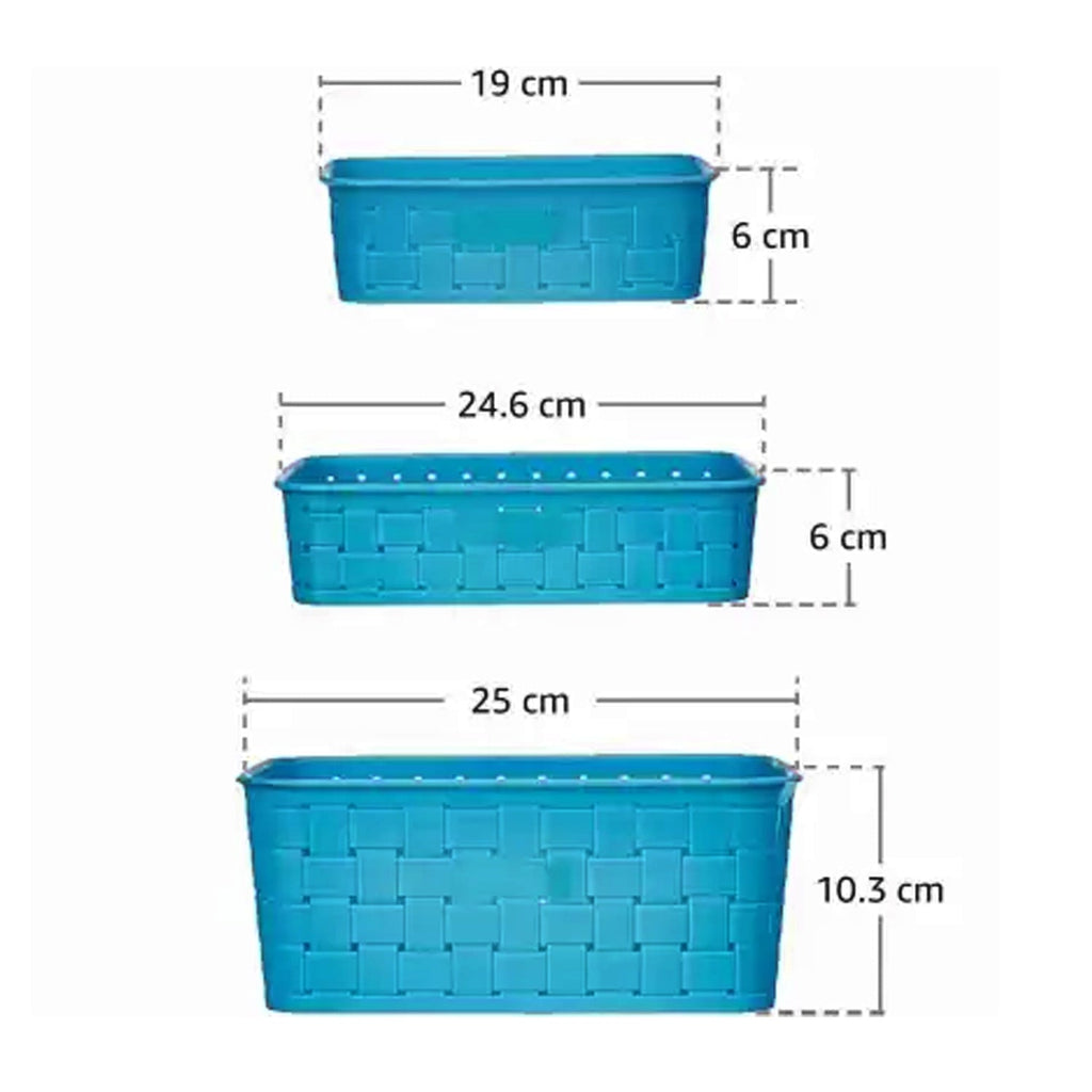 Variety of items stored in the sky blue storage baskets set.