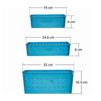 Variety of items stored in the sky blue storage baskets set.