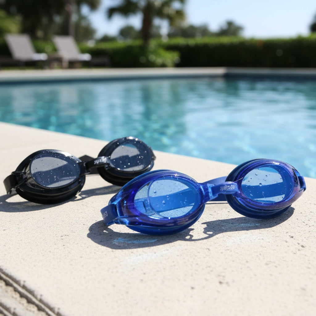 Pair of swimming goggles laid out on white background, highlighting design for clear underwater vision
