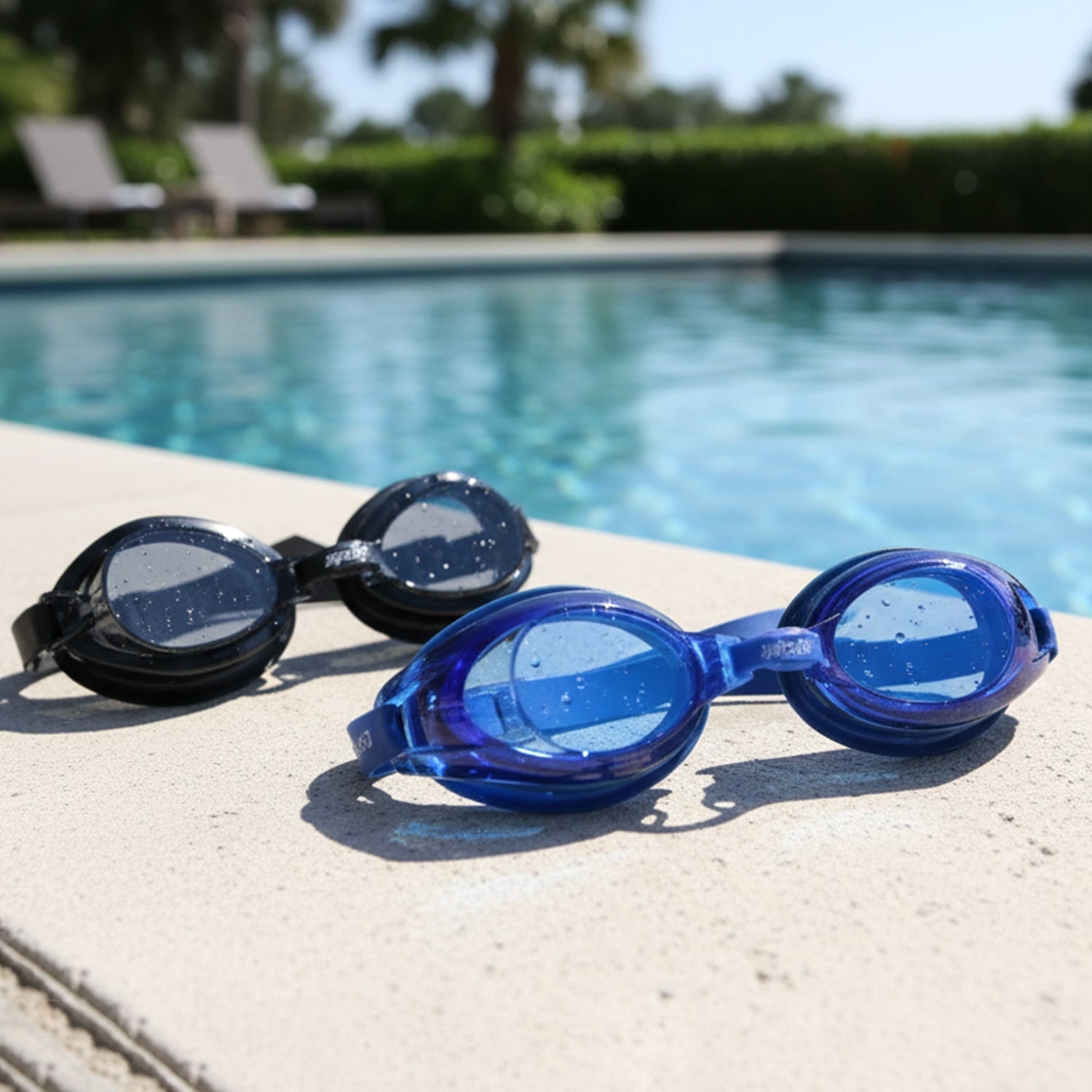 Pair of swimming goggles laid out on white background, highlighting design for clear underwater vision