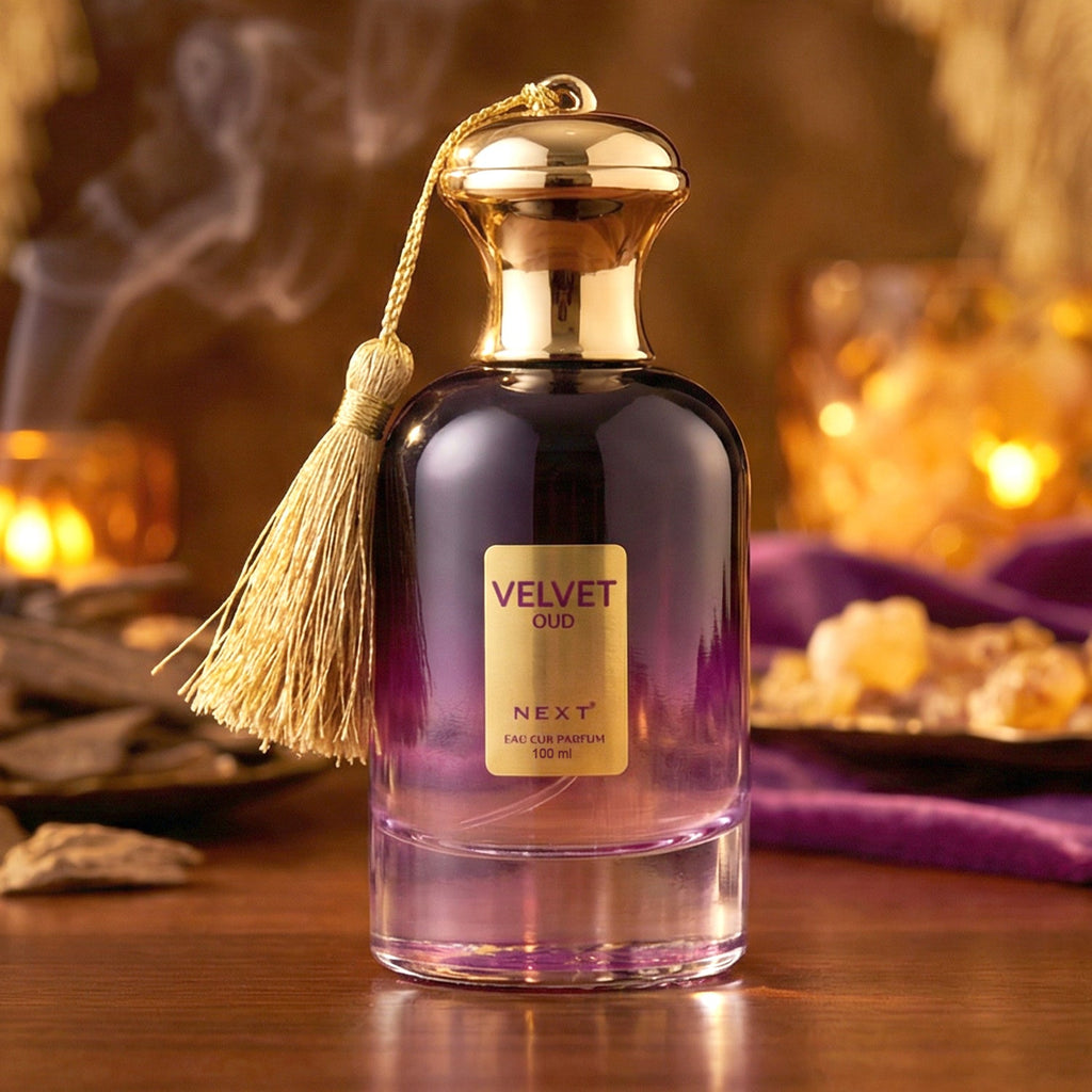 Close-up of Velvet Oud perfume bottle highlighting rich woody scent