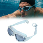 Hard protective case included with wide vision swimming goggles