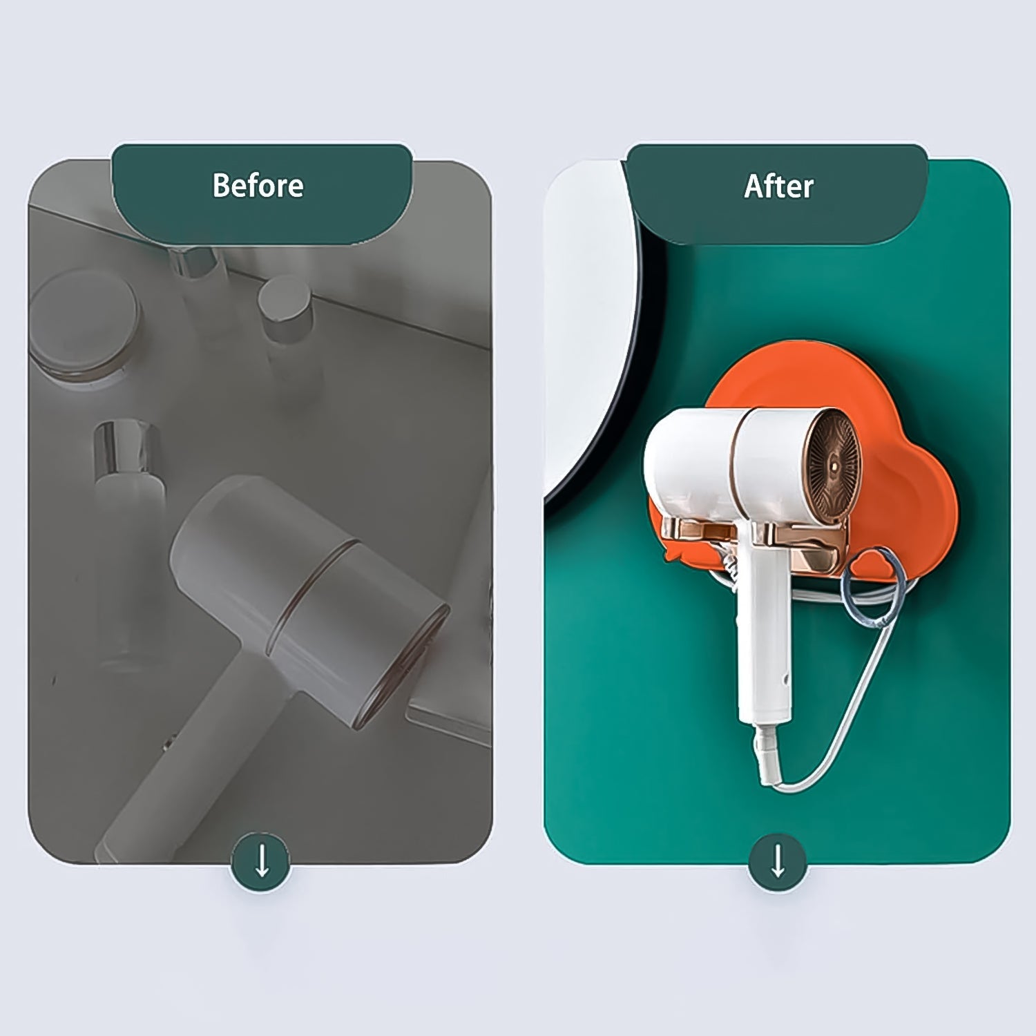 Detailed view of the hair dryer holder's strong adhesive backing for secure mounting.