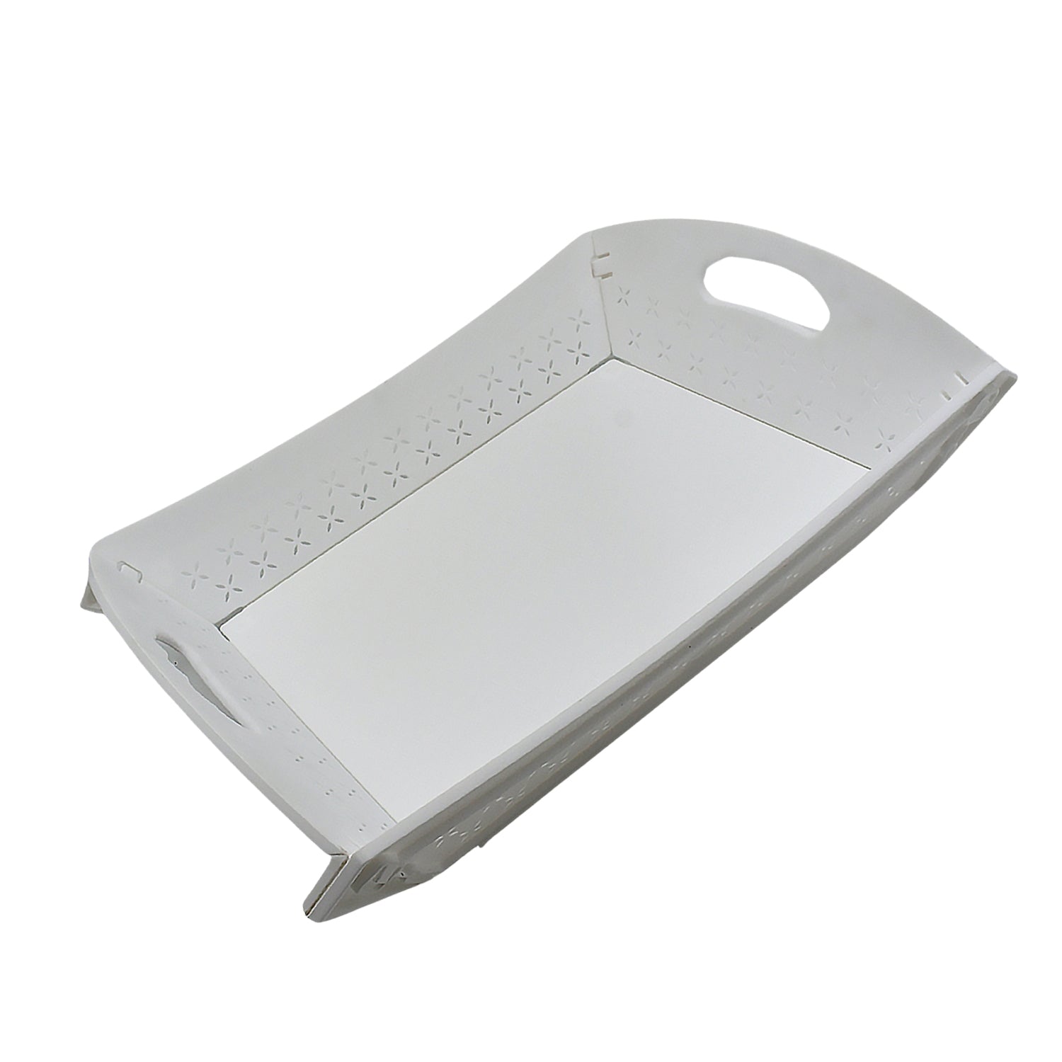 White foldable serving tray with handle, ideal for kitchen and dining, displayed on a clean background.