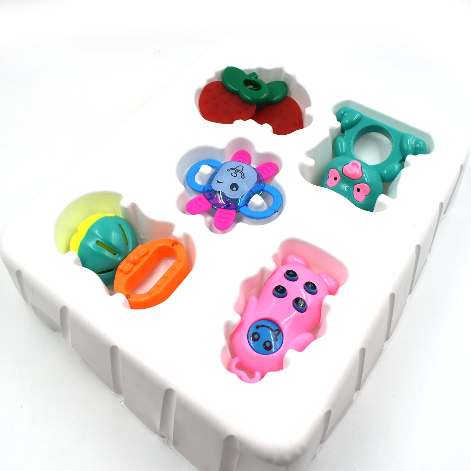 Baby toy rattle featuring multiple vibrant colors for visual and tactile stimulation.