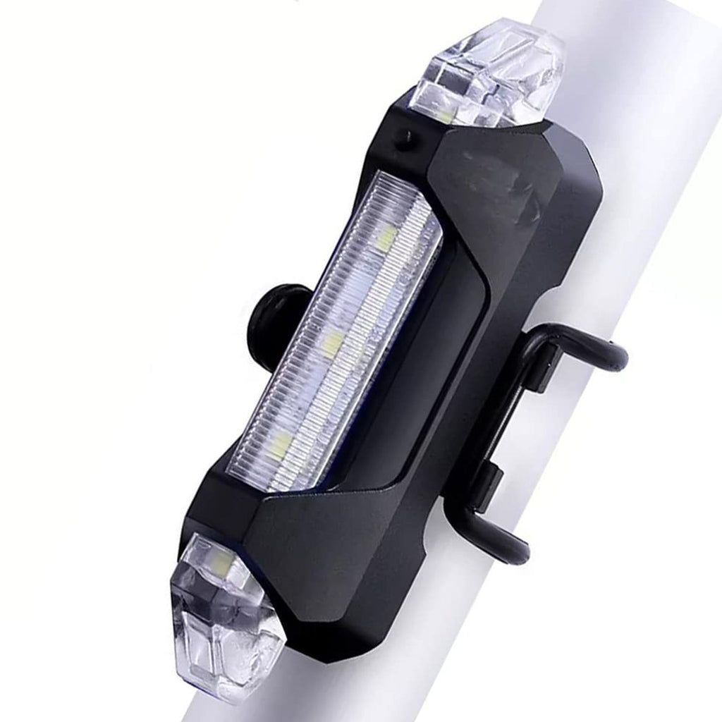 Rechargeable LED bicycle light with USB charging port for convenient power.