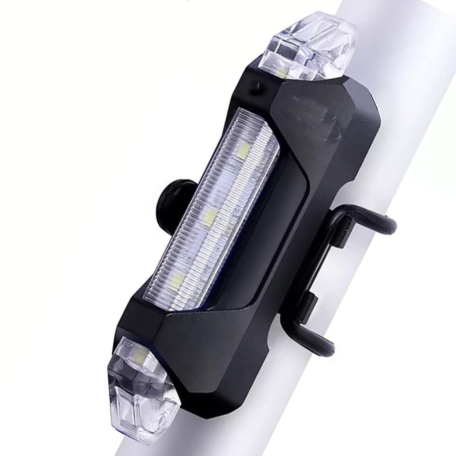 Rechargeable LED bicycle light with USB charging port for convenient power.