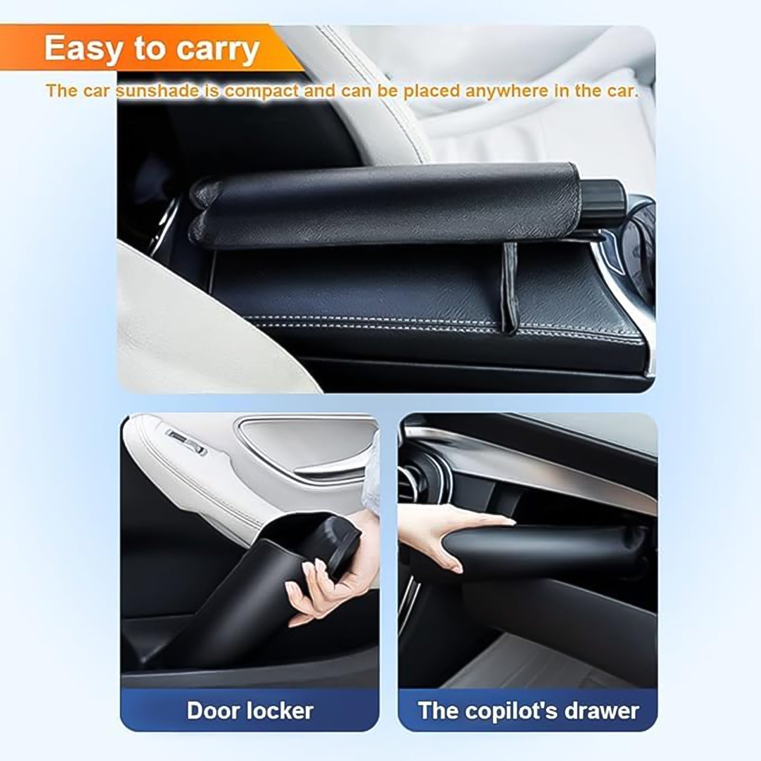 The Car Windshield Sun Shade shown with its ergonomic handle and sturdy frame.