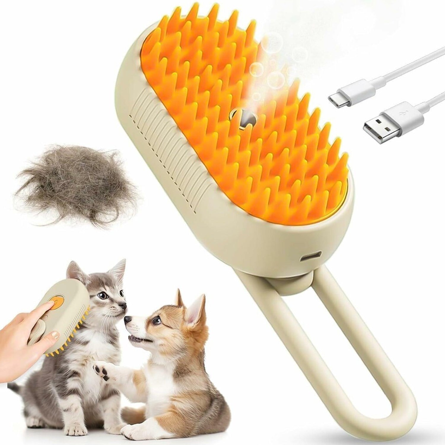 Ergonomic electric pet steam brush in action, showing steam mist.